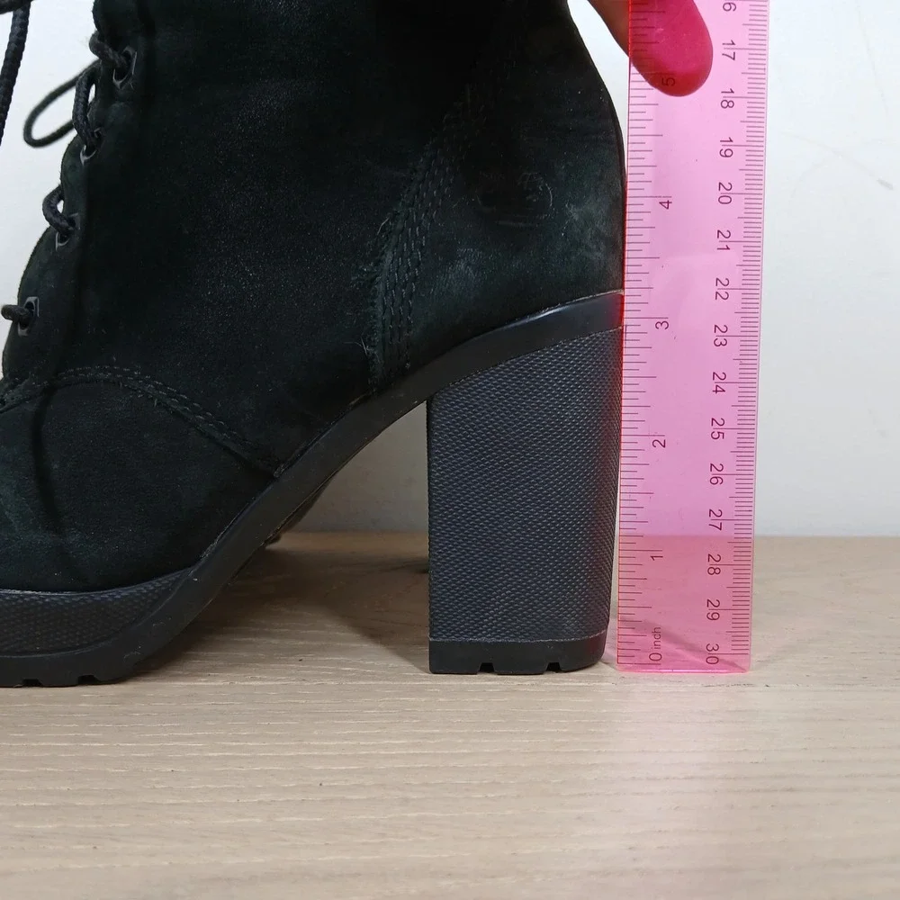 Timberland Lace Up Ankle Boots Women 6 Black Suede Block Heel Moto Grunge Casual
